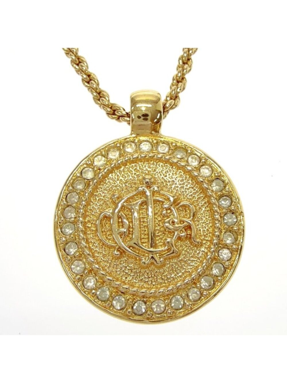 Dior Rhinestone Emblem Round Necklace Gold